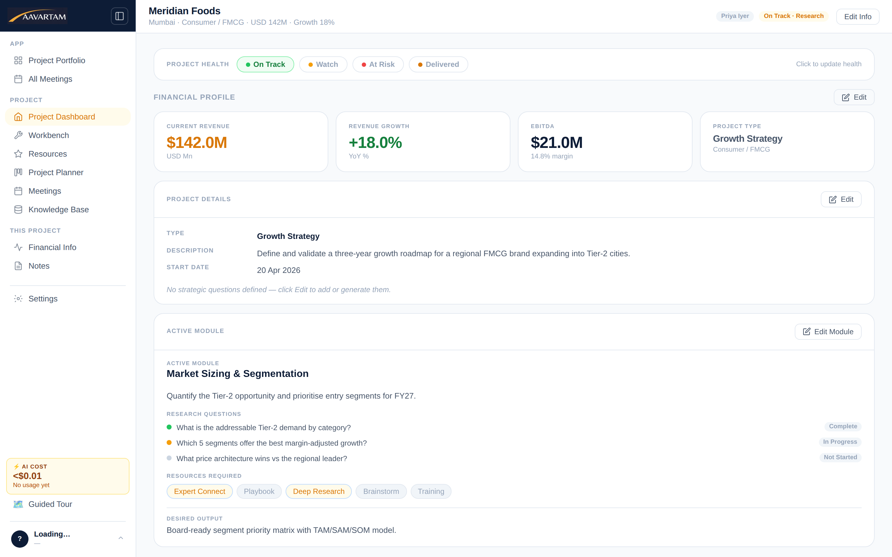 Aavartam project dashboard with financial profile and active module