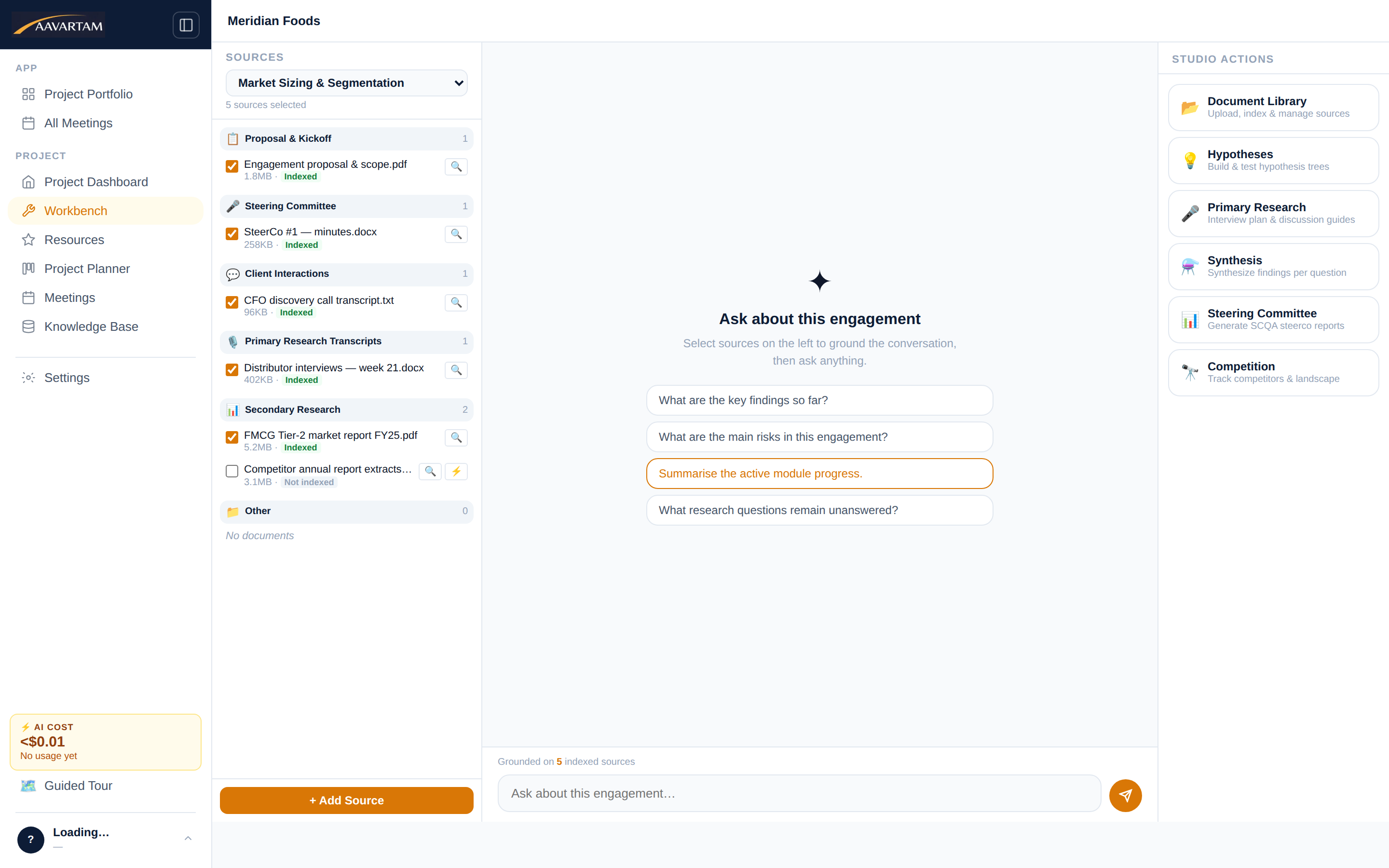 Aavartam AI Workbench with indexed sources and studio actions